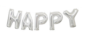 Silver "HAPPY" letter balloon banner displayed on a white background.