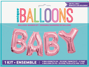 Pink foil balloon banner spelling "BABY" with included twine, designed for baby showers or gender reveal parties.