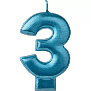 Blue metallic birthday cake candle #3 Number Three