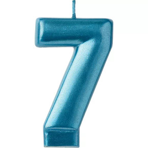 Blue metallic birthday cake candle #7 Number Seven