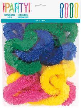 Unique Hawaiian Leis 4-pack, featuring colorful leis in pink, yellow, green, and blue, in packaging.