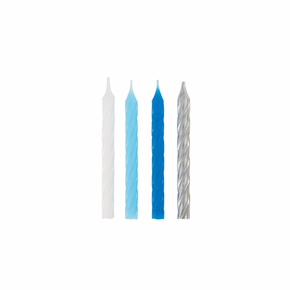 Decorative cake candles with blue and silver spiral pattern