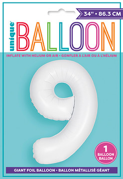 34″ white foil Balloon Number 9 ready for party décor