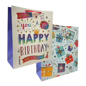 Happy Birthday : Present And Confetti All Over On Light Blue Gift Bag - Large Happy Birthday : Present And Confetti All Over On Light Blue Gift Bag - Large