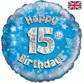 Happy 15th Birthday Blue Holographic Oaktree Foil Balloon 18''