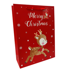 Christmas Deer with Red Bow and ''Merry Christmas'' Text on Red Bag