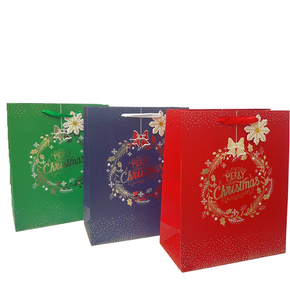 Christmas Red, Green and Blue Bags with Gold Wreath and Snowflake Tag