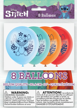 A pack of 8 Lilo & Stitch-themed latex balloons in vibrant colors, each measuring 12 inches, perfect for Disney-themed parties.