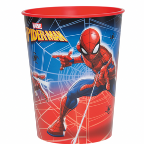 Reusable plastic cup featuring Spider-Man design