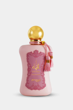 A beautifully designed Fatima Pink Eau de Parfum 100ml bottle with a soft pink hue, reflecting the feminine and elegant nature of the fragrance. The bottle features a sleek silhouette with subtle golden accents, accompanied by a matching sophisticated cap.