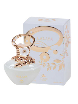 A sophisticated white perfume bottle labeled “Halaya” by Zakat, topped with a floral rose-gold ring cap, accompanied by a matching white and gold box featuring soft botanical detailing—embodying femininity and luxury.