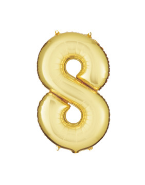 34-inch metallic gold number 8 balloon for birthdays, anniversaries, and milestone celebrations.