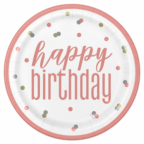 Paper plate showing a Happy Birthday design in rose gold