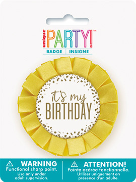 Yellow “It’s My Birthday” ribbon badge with decorative rosette