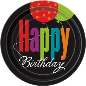 Happy Birthday 9-inch round plate with colorful festive lettering