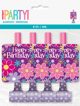 8-count Happy Birthday blowouts with colorful flower pattern
