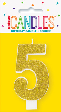 Colorful number 5 birthday candle with sparkling glitter finish.