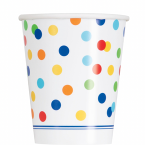 Rainbow Polka Dot Paper Cups – 9 oz, 8 ct