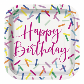 Square paper plates with sprinkles and Happy Birthday design