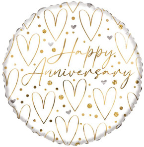 18-inch Happy Anniversary Round Foil Balloon with gold hearts and glitter dots on white