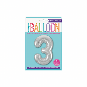 Shiny silver number 3 foil balloon for birthday decoration