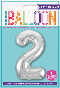 Front packaging of Unique Giant Foil Balloon "2" in silver, with "34 inch" size highlighted. Front packaging of Unique Giant Foil Balloon "2" in silver, with "34 inch" size highlighted.