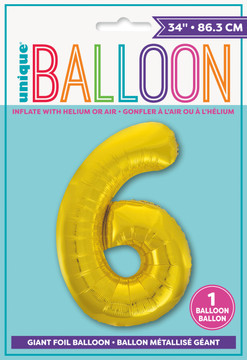 Giant number 6 gold foil balloon in packaging, size 34 inches.