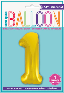 Front packaging of Unique Giant Foil Balloon "1" in gold, with "34 inch" size displayed.