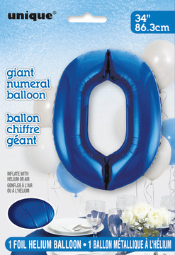 A 34-inch giant blue foil balloon shaped like the number 0, perfect for milestone celebrations and event decorations.