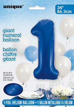A 34-inch giant blue foil balloon in the shape of the number 1, perfect for first birthdays and milestone celebrations.