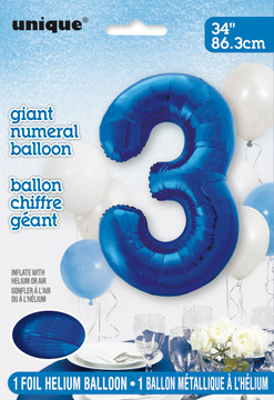 34" Giant Numeral Balloon Number 3 Blue