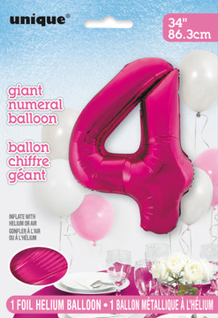 A 34-inch giant foil balloon shaped like the number 4 in a rose color, perfect for birthdays and milestone celebrations.