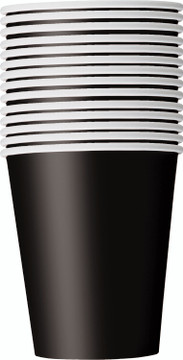 Packaged set of 14 black party cups, 9 oz capacity.