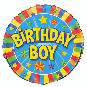 Birthday Boy Foil Balloons in Blue with Color Stars and Color Stripe