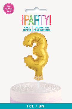 5" Gold Cake Topper Number 3 Shaped Balloon