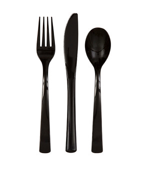 Black plastic cutlery set including fork, knife, and spoon