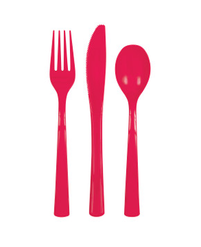 Red plastic cutlery set including fork, knife, and spoon