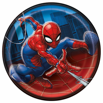 Round paper plate with Spider-Man party theme