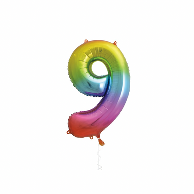 Oversized rainbow foil balloon shaped like number nine