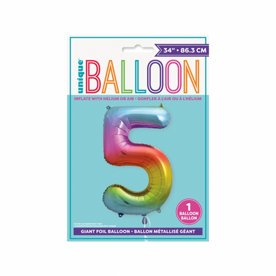 Oversized rainbow foil balloon shaped like number five