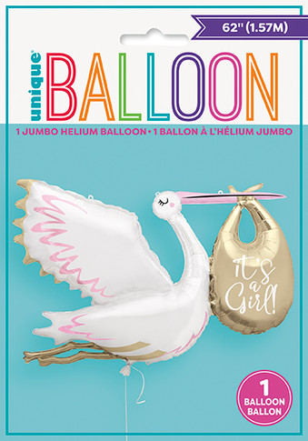 62-inch foil balloon shaped like a stork holding a pink “It’s a Girl!” bundle — great for baby showers and gender reveals.