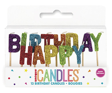 Unique Glitter Happy Birthday Candles in vibrant colors, arranged to spell "HAPPY BIRTHDAY," in a 13-piece set packaging.