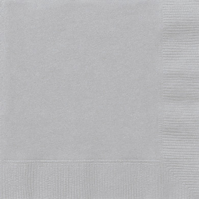 Pack of 20 Unique Silver Napkins wrapped in plastic packaging, showing the label with product details.