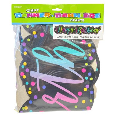 A giant "Happy Birthday" banner with vibrant colors and polka dots, measuring 4.47 feet (1.36 meters), perfect for party decorations.