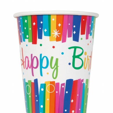 Close-up of rainbow ribbons and Happy Birthday design on paper cups