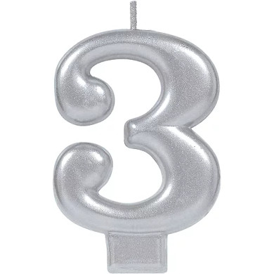 Silver metallic birthday cake candle #3 Number Three