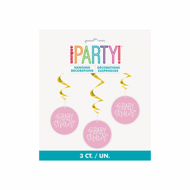 Pink baby shower hanging swirl decorations 3ct