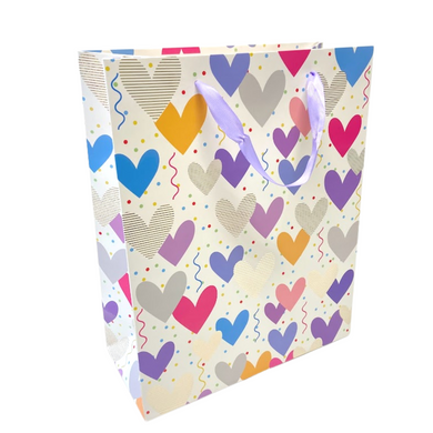 Gift bags for any occasion with a design of beautiful colorful hearts.