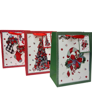 Christmas Tree, Candy Cane, 2 Stocking on Silver and Red Boarder Small Bags