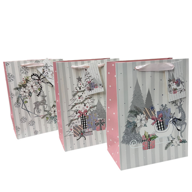 Christmas Presents on Silver and White Sleigh, Deer, Snowflakes and Flowers, White Christmas Tree on Stripes Bag Small